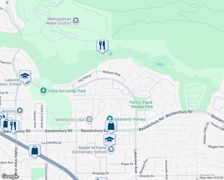 map of restaurants, bars, coffee shops, grocery stores, and more near 18180 Spyglass Hill in Yorba Linda