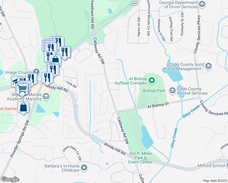 map of restaurants, bars, coffee shops, grocery stores, and more near 1291 Green Tee Drive Southwest in Marietta