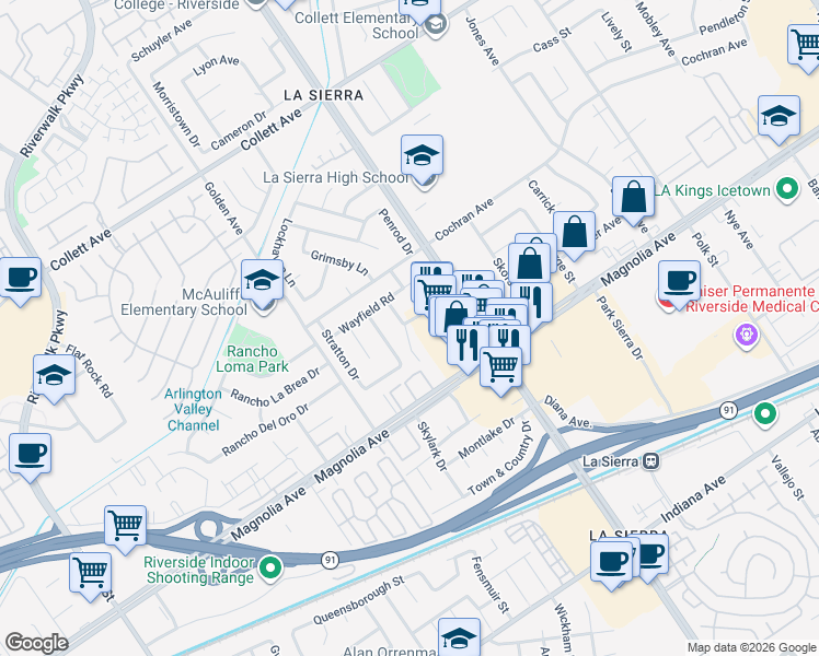 map of restaurants, bars, coffee shops, grocery stores, and more near 3900 Fir Tree Drive in Riverside