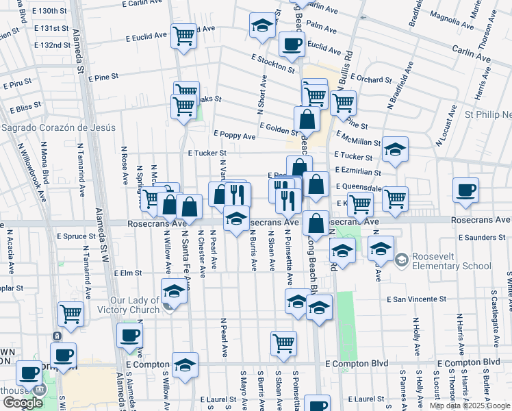 map of restaurants, bars, coffee shops, grocery stores, and more near 1100 East Kay Street in Compton