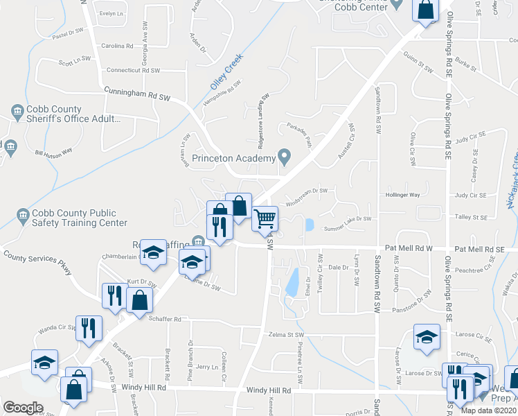 map of restaurants, bars, coffee shops, grocery stores, and more near 2011 Austell Road Southwest in Marietta