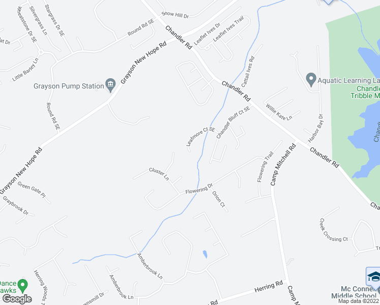 map of restaurants, bars, coffee shops, grocery stores, and more near 2106 Leafmore Court Southeast in Grayson