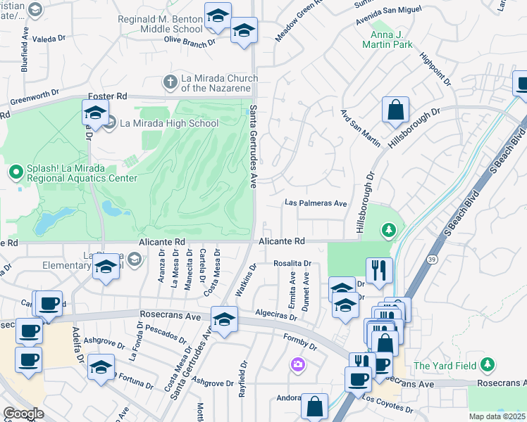 map of restaurants, bars, coffee shops, grocery stores, and more near 15816 La Pena Avenue in La Mirada