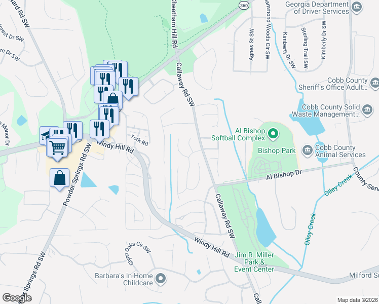 map of restaurants, bars, coffee shops, grocery stores, and more near 1913 Alsace Lane Southwest in Marietta