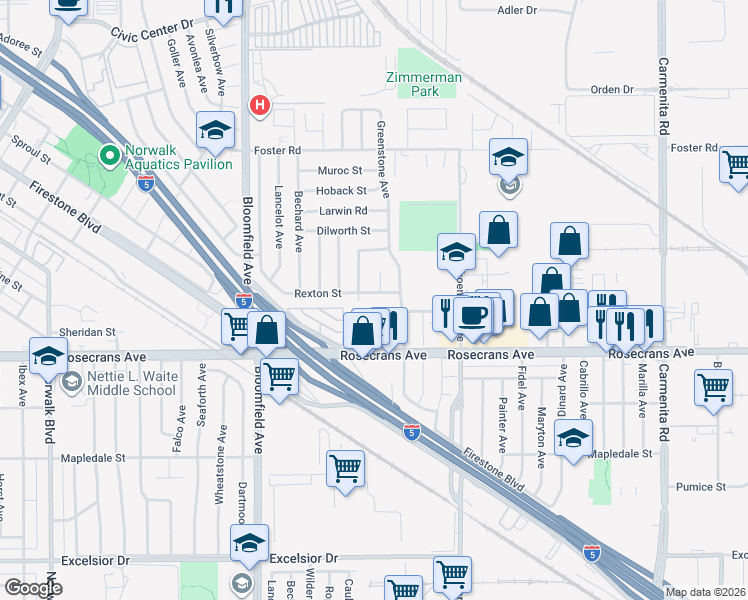 map of restaurants, bars, coffee shops, grocery stores, and more near 12818 Rexton Street in Norwalk