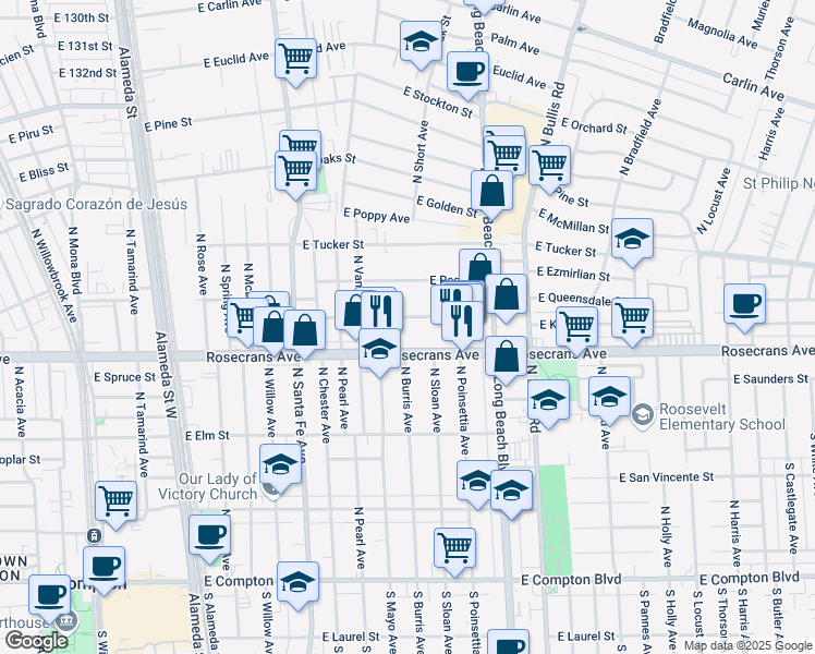 map of restaurants, bars, coffee shops, grocery stores, and more near 1100 East Kay Street in Compton