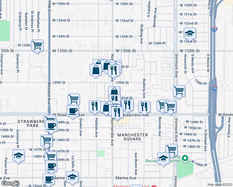 map of restaurants, bars, coffee shops, grocery stores, and more near 1/2 West Gardena Boulevard in Gardena