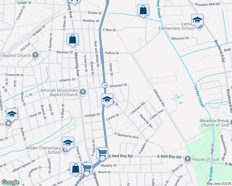 map of restaurants, bars, coffee shops, grocery stores, and more near 9 Harrison Street in Sumter