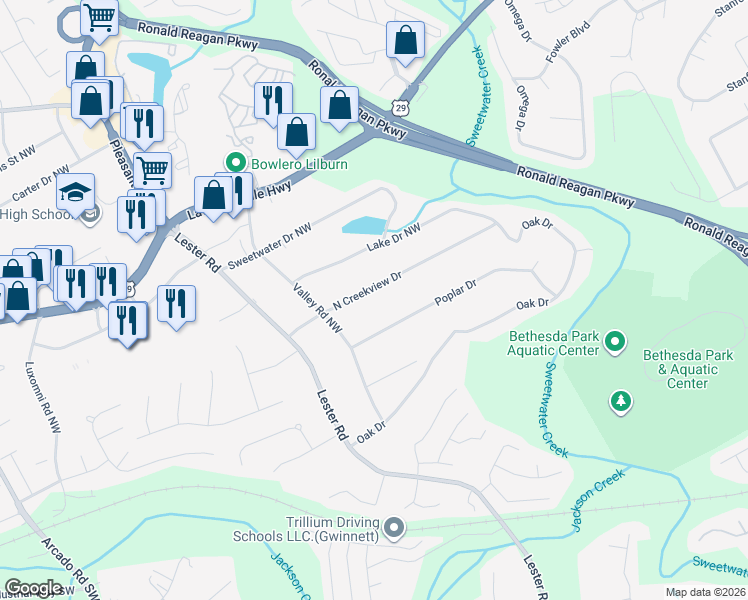 map of restaurants, bars, coffee shops, grocery stores, and more near 3424 N Creekview Dr in Lawrenceville