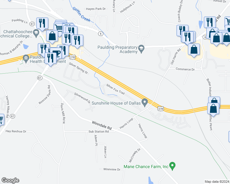 map of restaurants, bars, coffee shops, grocery stores, and more near 153 Silver Fox Trail in Dallas