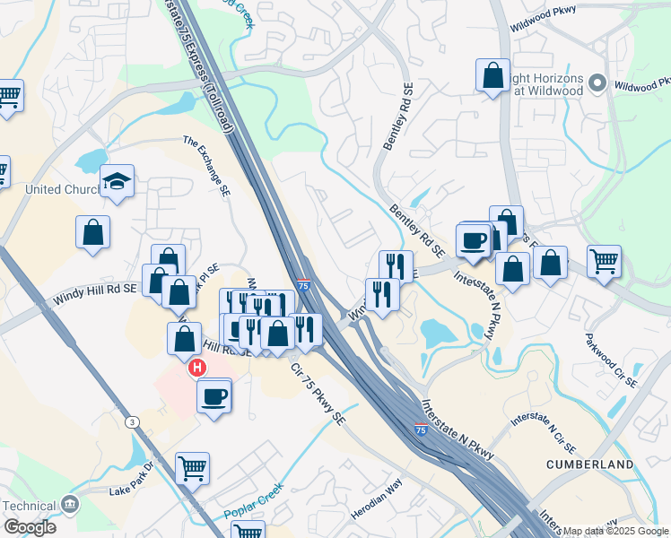 map of restaurants, bars, coffee shops, grocery stores, and more near 2767 Leland Drive in Marietta