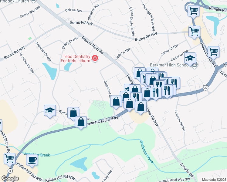 map of restaurants, bars, coffee shops, grocery stores, and more near 482 Dogwood Drive Northwest in Lilburn