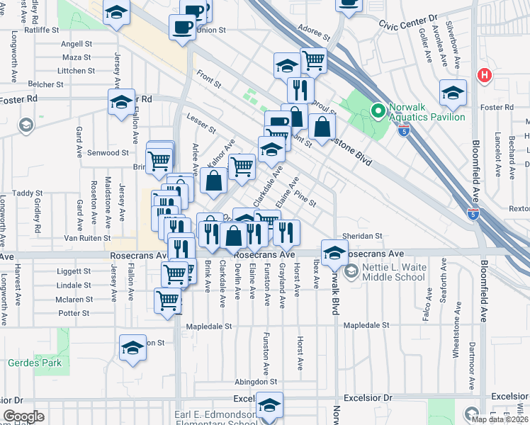 map of restaurants, bars, coffee shops, grocery stores, and more near 12022 Walnut Street in Norwalk