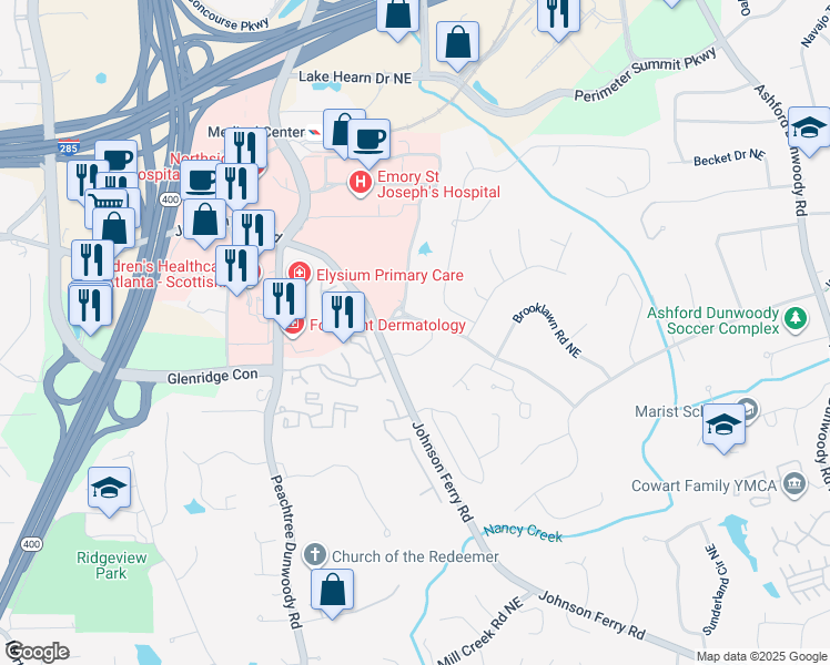 map of restaurants, bars, coffee shops, grocery stores, and more near 1195 Old Johnson Ferry Road Northeast in Atlanta