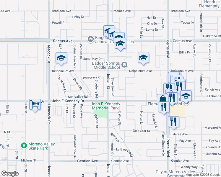 map of restaurants, bars, coffee shops, grocery stores, and more near Silvertree Road in Moreno Valley