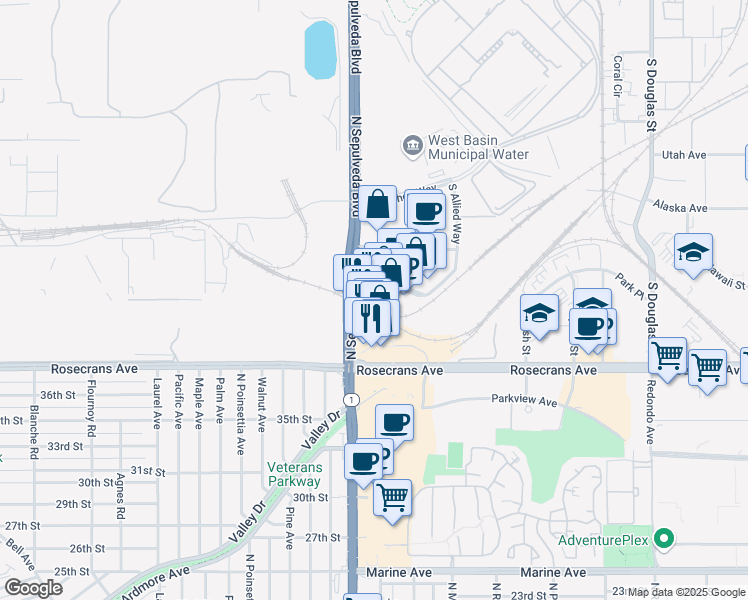 map of restaurants, bars, coffee shops, grocery stores, and more near 2004 Park Place in El Segundo