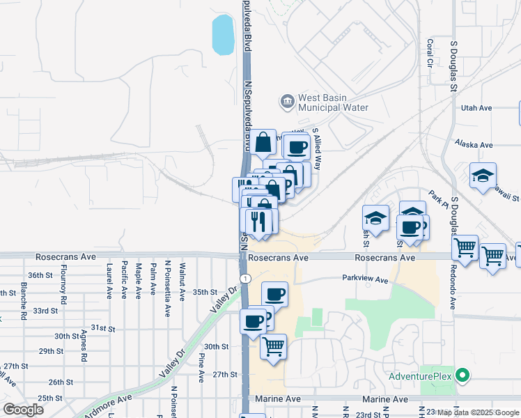 map of restaurants, bars, coffee shops, grocery stores, and more near 2004 Park Place in El Segundo
