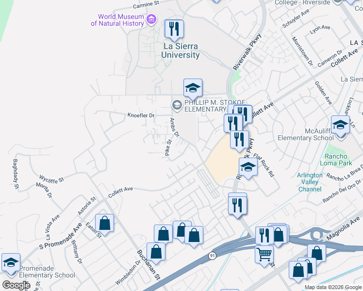 map of restaurants, bars, coffee shops, grocery stores, and more near 4320 Ambs Drive in Riverside