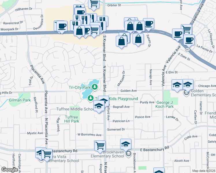 map of restaurants, bars, coffee shops, grocery stores, and more near 2325 Teton Circle in Placentia