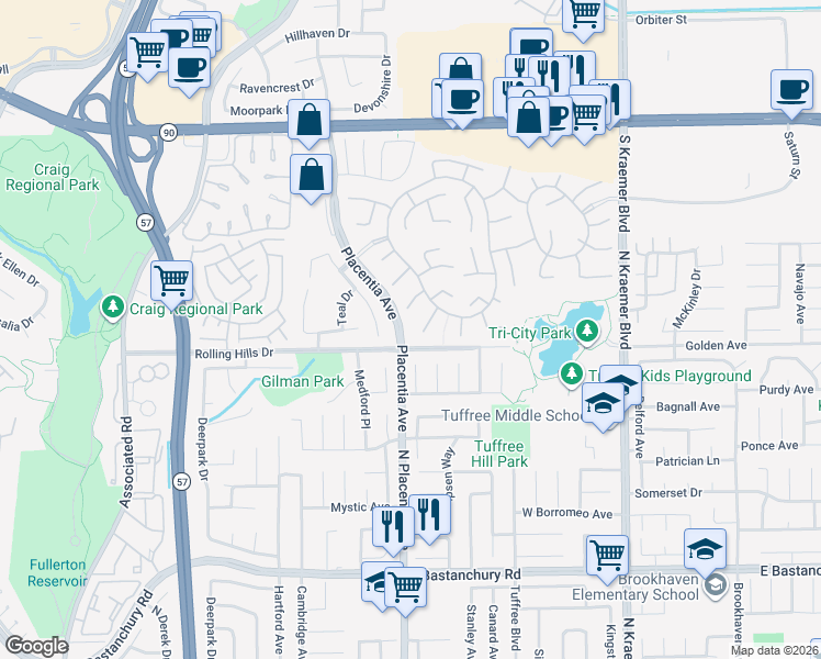 map of restaurants, bars, coffee shops, grocery stores, and more near 2807 Loganberry Court in Fullerton