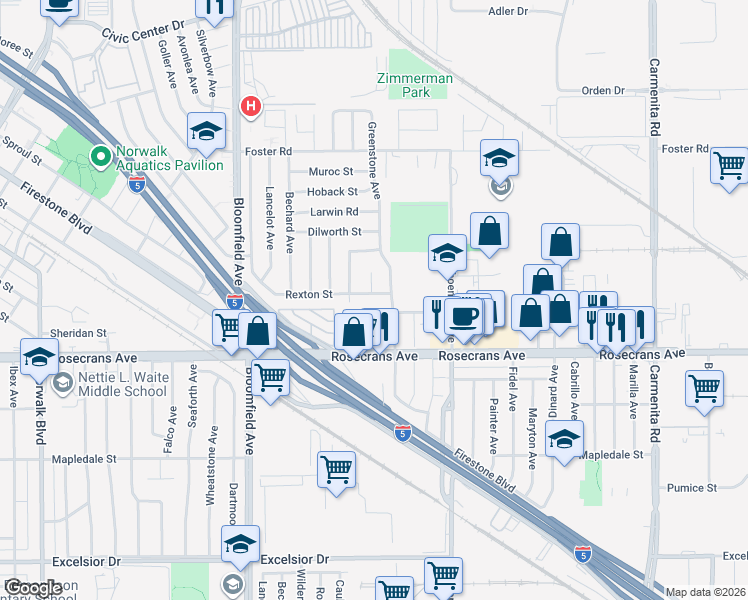 map of restaurants, bars, coffee shops, grocery stores, and more near 12818 Rexton Street in Norwalk
