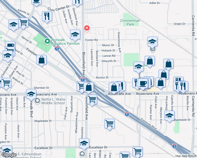 map of restaurants, bars, coffee shops, grocery stores, and more near 12727 Rexton Street in Norwalk