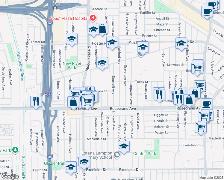 map of restaurants, bars, coffee shops, grocery stores, and more near 11129 Crestbrook Street in Norwalk