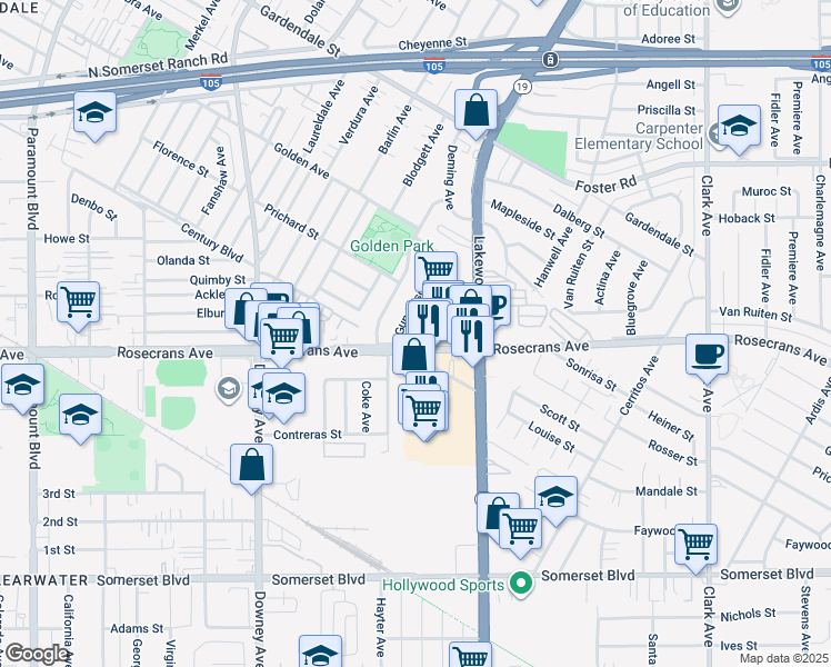 map of restaurants, bars, coffee shops, grocery stores, and more near 13547 Gunderson Avenue in Downey