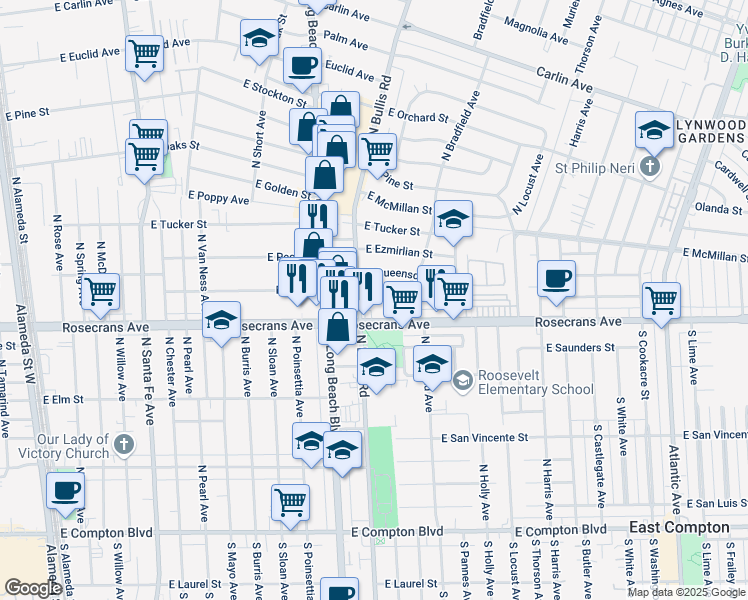 map of restaurants, bars, coffee shops, grocery stores, and more near 1700 Rosecrans Avenue in Compton