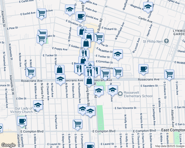 map of restaurants, bars, coffee shops, grocery stores, and more near 1213 North Bullis Road in Compton