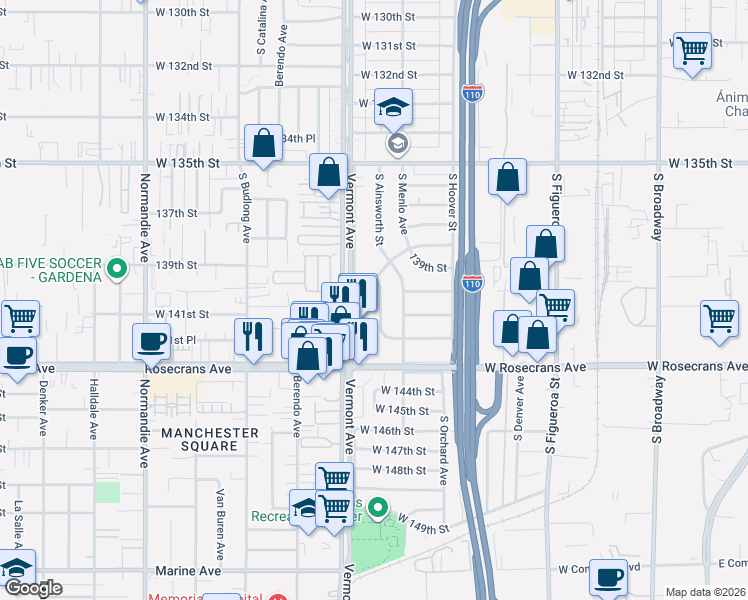 map of restaurants, bars, coffee shops, grocery stores, and more near 14020 South Ainsworth Street in Gardena