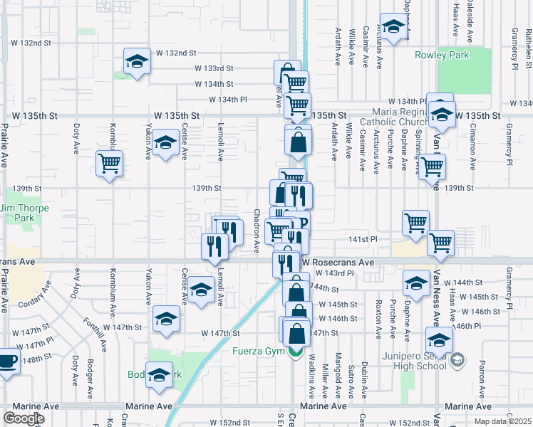 map of restaurants, bars, coffee shops, grocery stores, and more near 14005 Crenshaw Boulevard in Hawthorne