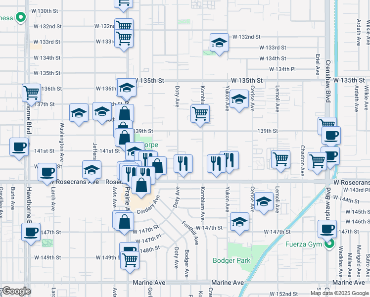 map of restaurants, bars, coffee shops, grocery stores, and more near 13937 Doty Avenue in Hawthorne