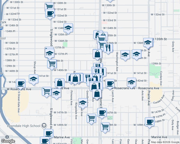 map of restaurants, bars, coffee shops, grocery stores, and more near 4476 West 140th Street in Hawthorne