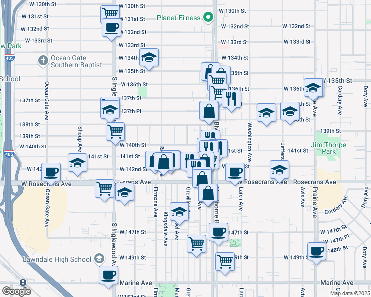map of restaurants, bars, coffee shops, grocery stores, and more near 4476 West 140th Street in Hawthorne