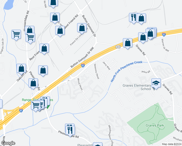 map of restaurants, bars, coffee shops, grocery stores, and more near 813 Seasons Parkway in Norcross