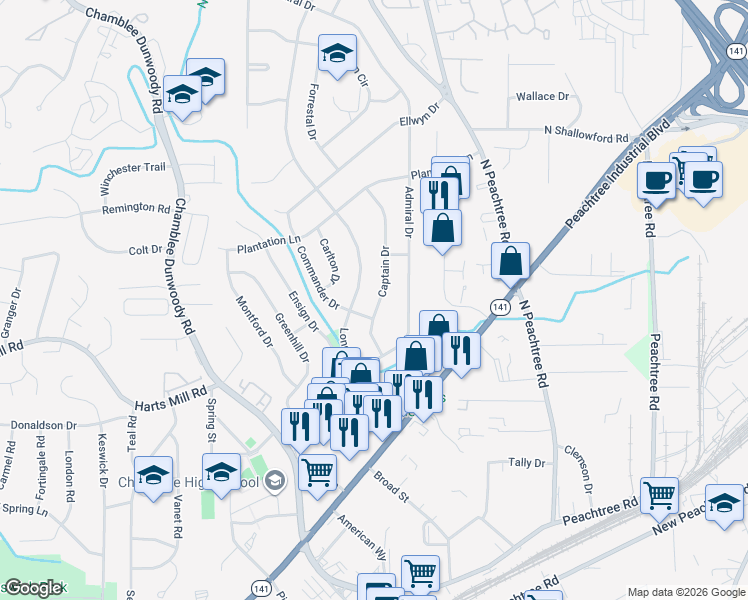 map of restaurants, bars, coffee shops, grocery stores, and more near 3820 Captain Drive in Chamblee