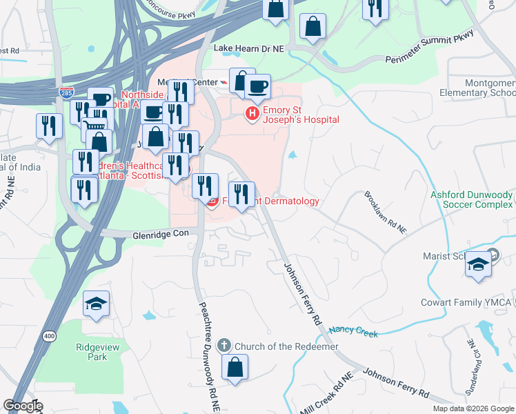 map of restaurants, bars, coffee shops, grocery stores, and more near 5482 Glenridge View Northeast in Atlanta