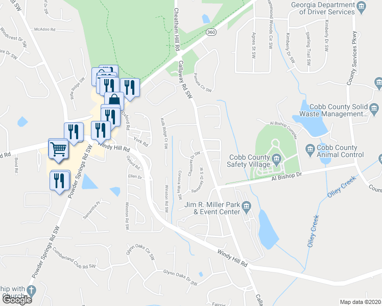 map of restaurants, bars, coffee shops, grocery stores, and more near 1913 Alsace Lane Southwest in Marietta