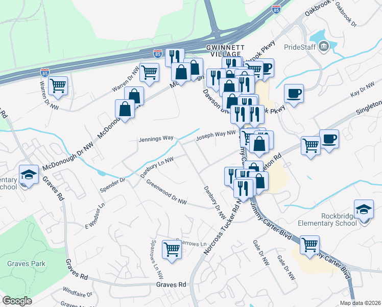 map of restaurants, bars, coffee shops, grocery stores, and more near 1627 Bussell Place in Norcross