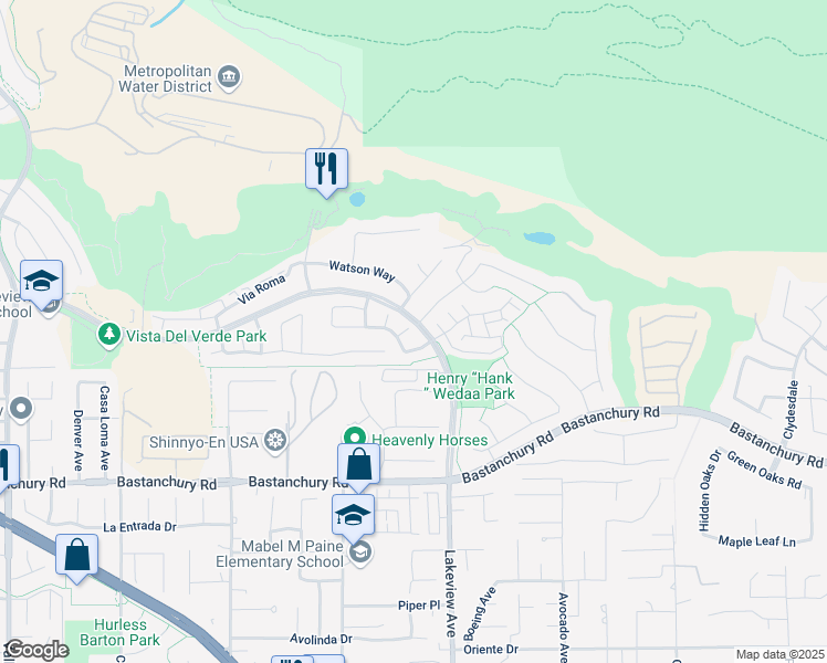 map of restaurants, bars, coffee shops, grocery stores, and more near 3938 Colonial Court in Yorba Linda