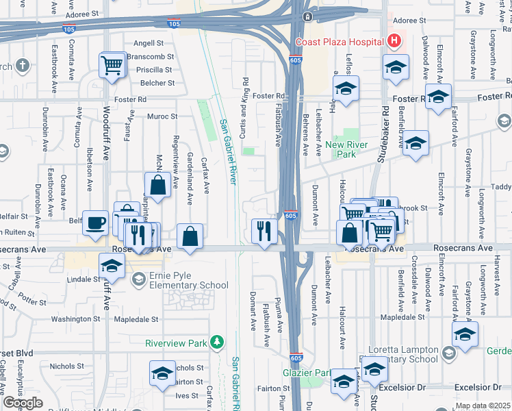 map of restaurants, bars, coffee shops, grocery stores, and more near 13926 Edgewater Drive in Norwalk