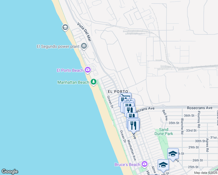 map of restaurants, bars, coffee shops, grocery stores, and more near 200 43rd Street in Manhattan Beach