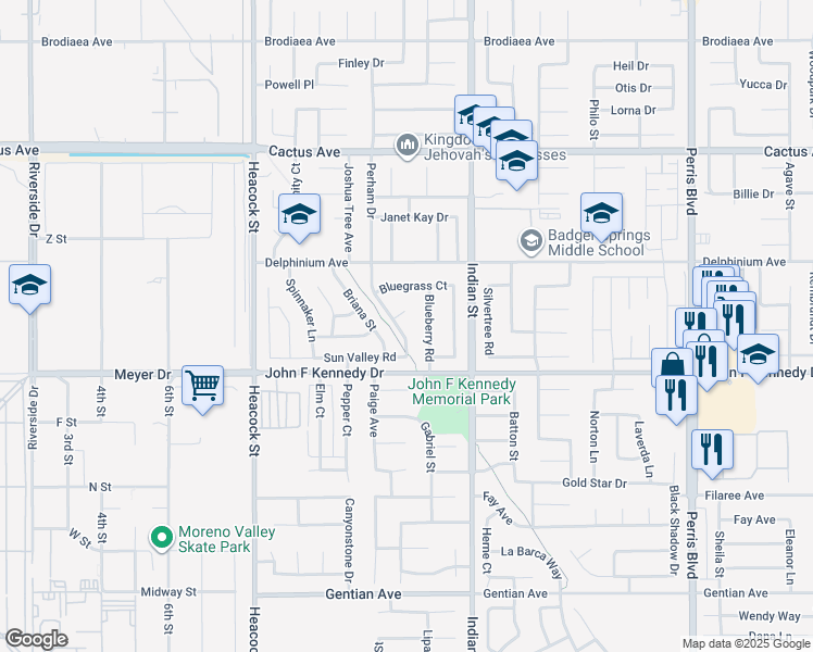 map of restaurants, bars, coffee shops, grocery stores, and more near 14912 Perham Drive in Moreno Valley