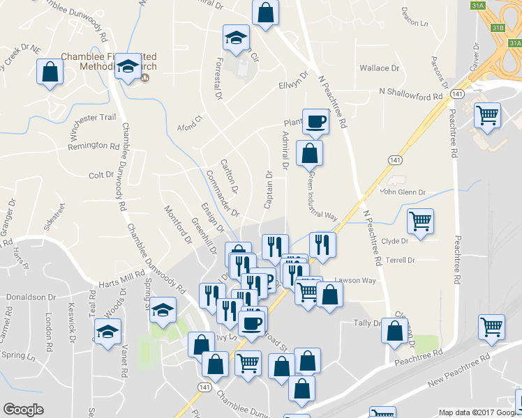 map of restaurants, bars, coffee shops, grocery stores, and more near 3820 Captain Drive in Chamblee