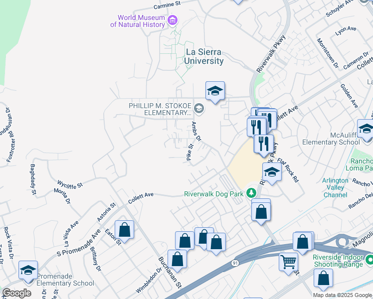 map of restaurants, bars, coffee shops, grocery stores, and more near 11957 Pike Street in Riverside