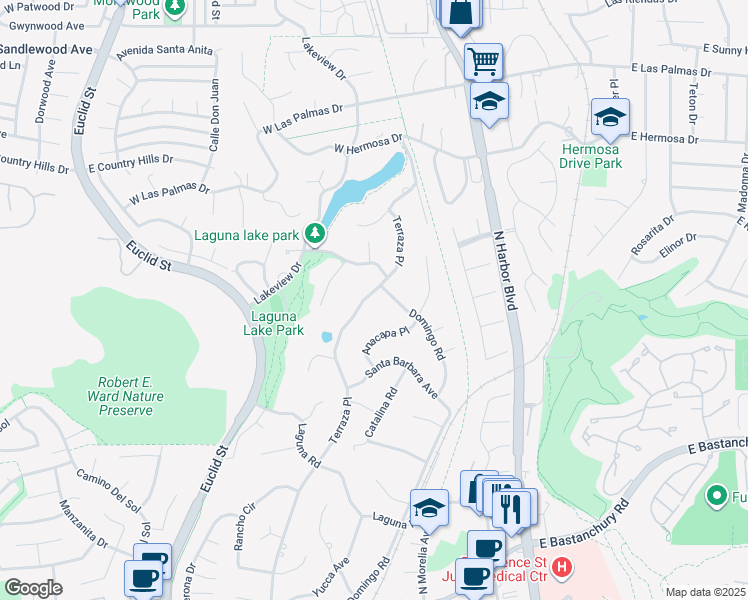 map of restaurants, bars, coffee shops, grocery stores, and more near 2960 Terraza Place in Fullerton