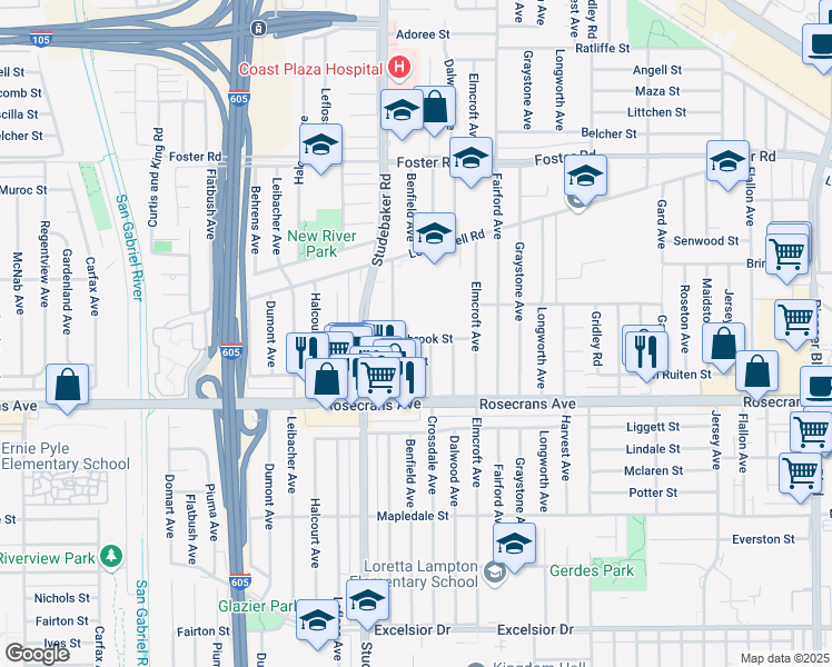 map of restaurants, bars, coffee shops, grocery stores, and more near 11057 Crestbrook Street in Norwalk