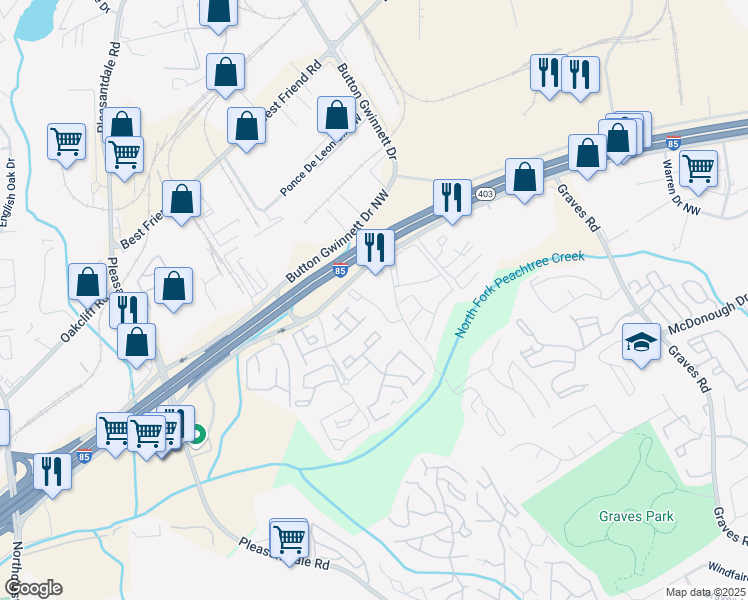 map of restaurants, bars, coffee shops, grocery stores, and more near 1033 Seasons Parkway in Norcross