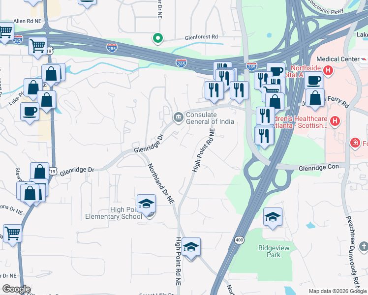 map of restaurants, bars, coffee shops, grocery stores, and more near 652 Royer Place in Atlanta